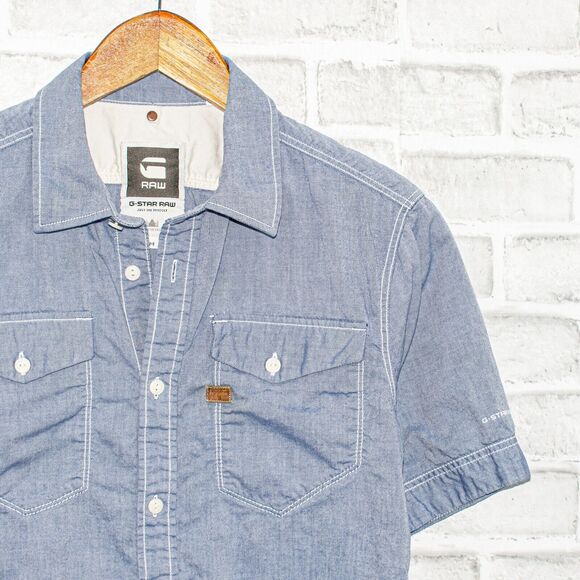 G Star RAW Short Sleeve Button up Shirt Blue Chambray 2 Pocket Men's Sz Medium - Picture 2 of 6